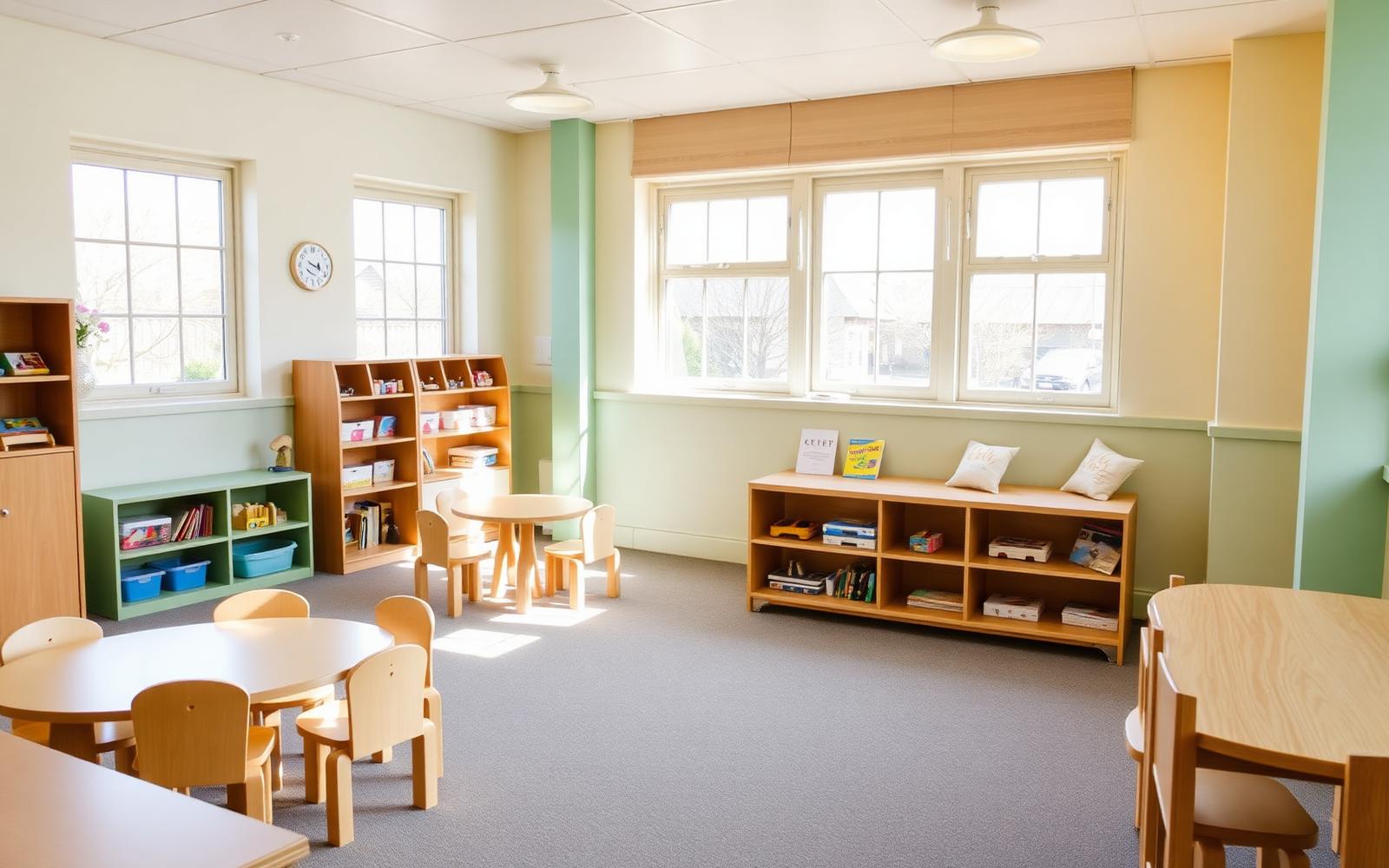 Sunlit Sunmeadow learning room with wooden furniture, soft green walls, and reading nook